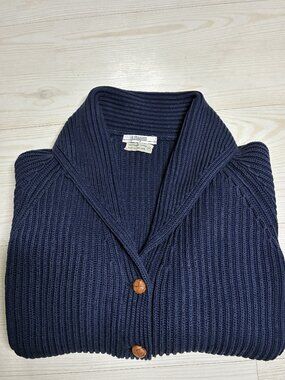 Vintage I. Magnin Navy Blue Chunky Rib Knit Shawl Collar Cardigan Sweater Size-M